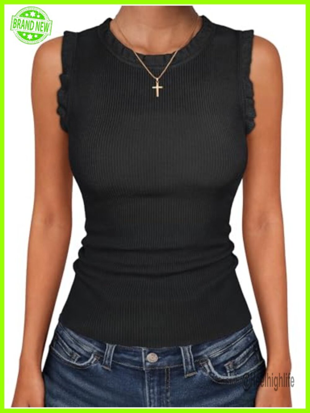 Ribbed Tank Top Ruffle Sleeveless Crewneck Slim Fit Summer Casual